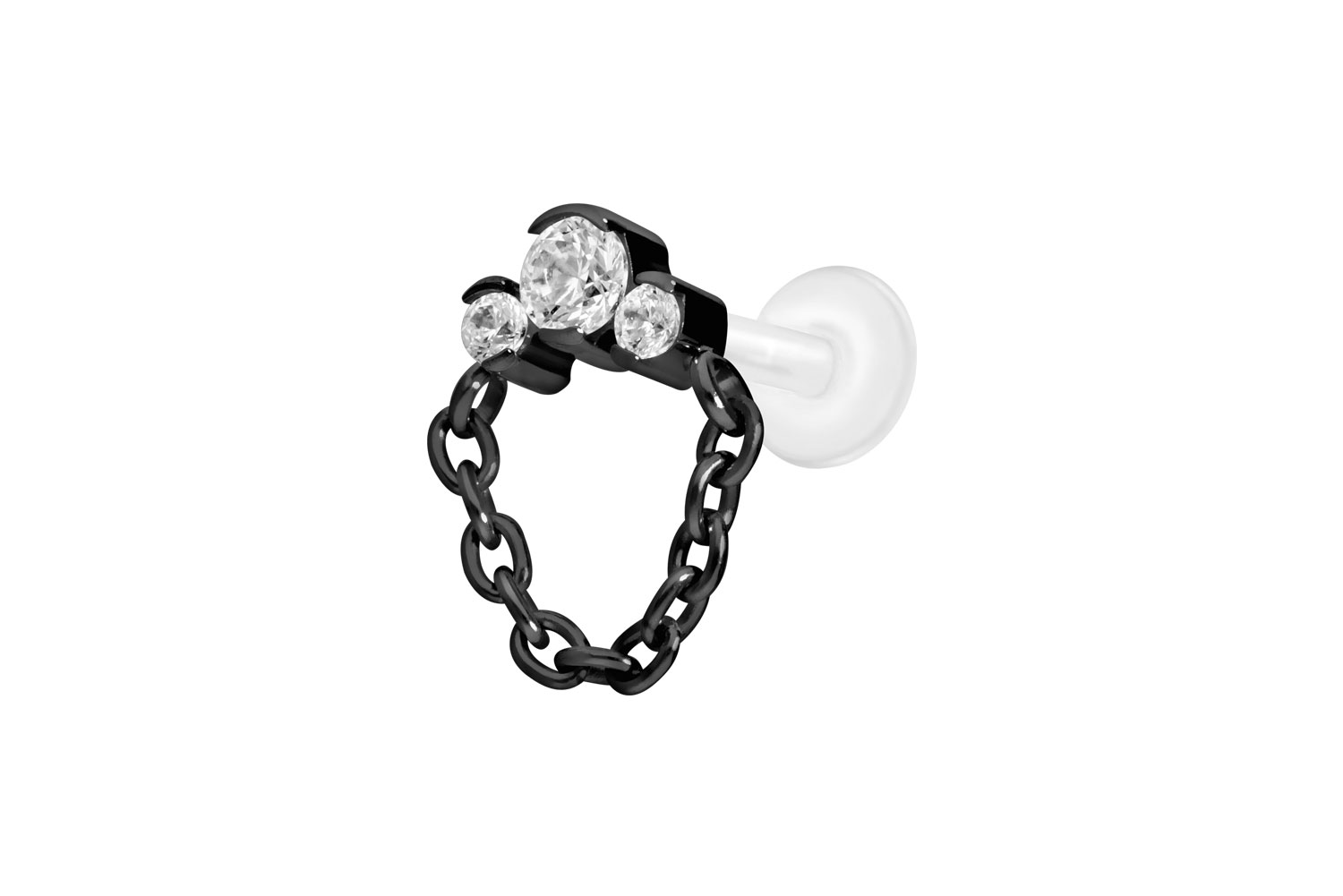 PTFE Labret Piercing mit Innengewinde + Titan-Aufsatz 3 EINGEFASSTE KRISTALLE + KETTE